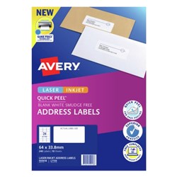 Avery Quick Peel Address Laser & Inkjet Labels White L7159 64x33.8mm 240 Labels