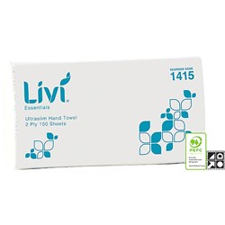 Livi Essentials Hand Towel Ultraslim 2 Ply 150 Sheet Box of 16  240w x 230L    5506 Dispenser