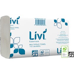 Livi Essentials Hand Towel Multifold 1 Ply 200 Sheet Box of 20  230mmW x 230mmL 1402    5506 Dispenser