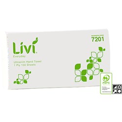 Livi 7201 Everyday Hand Towel Ultraslim 1 Ply 150 Sheets Box of 16  230w x 240L 7201   5506 Dispenser