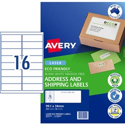 Avery L7162EV Eco Friendly Labels Laser Printer White 99.1x34mm 16UP 320 Labels