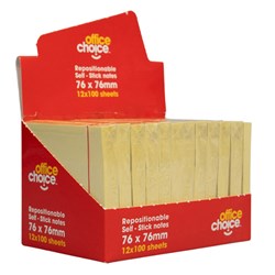 Office Choice Repositionable Sticky Notes 76 x 76mm Yellow 100 Sheets Each (Buy 12 for a Pack)