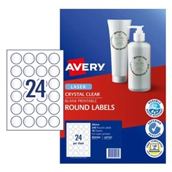 Avery Crystal Clear Laser Labels 6112C Round 40mm Clear 24UP 240 Labels 10 Sheets