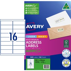 Avery Premium Address Labels White Laser Inkjet AveryEco L7162 99.1 x 34mm 16UP 1600 Lb