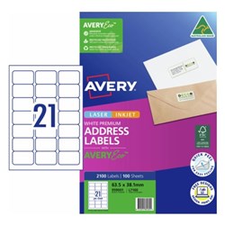 Avery Premium Address Labels White Laser Inkjet AveryEco L7160 63.5x38.1mm 21UP 2100 Lb