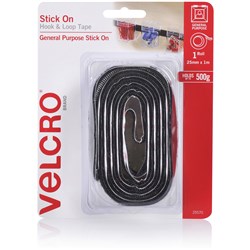 Velcro Brand Stick On Hook & Loop 25mm x 1m Tape Black 