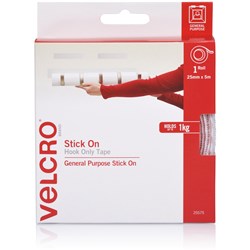 Velcro Brand Stick On  Hook Only 25mm x 5m Tape With Dispenser White